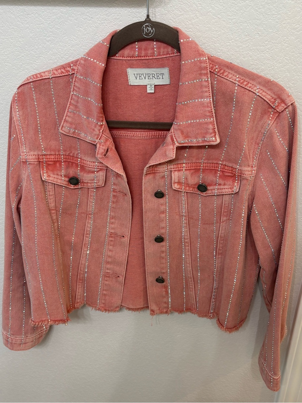 Veveret Pink Rhinestone-Striped Cropped Denim Jacket